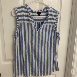 Talbots Blue/White Striped Sleeveless Blouse with ruffle details  Size M